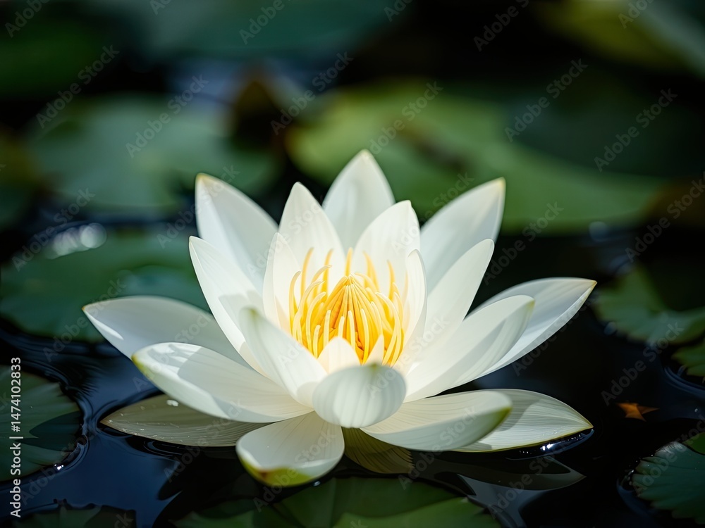 Delicate White Water Lily in Serene Pond Setting Delicate White Water Lily in Serene Pond Setting