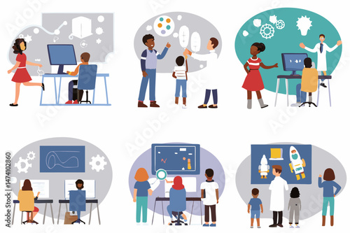This vector cartoon set features business people icons for teamwork and communication in an office setting