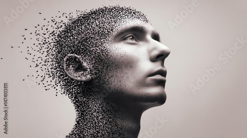 A surreal depiction of a human head disintegrating into particles, symbolizing transformation.