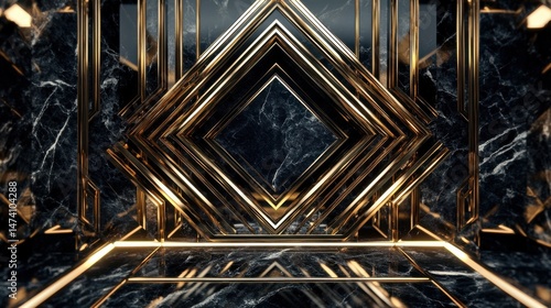 Luxurious geometric interior with gold accents and dark marble texture for modern design projects