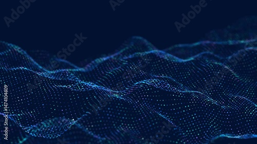 Abstract flow of luminous particles on dark background. Movement of colored dots. Big data visualization. 3D rendering. Seamless loop. 4k	