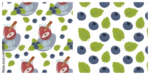 Cinnamon stick in mulled wine Glass cup and Blueberries and Mint Leaves Summer Seamless Patterns Set