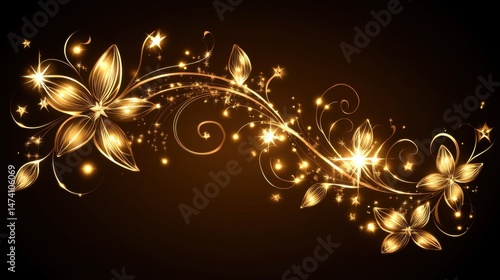 Golden Floral Design with Elegant Swirls and Sparkling Stars on Dark Background