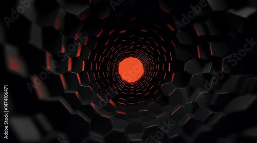 Abstract view of a hexagonal tunnel with glowing red center and dark geometric patterns.