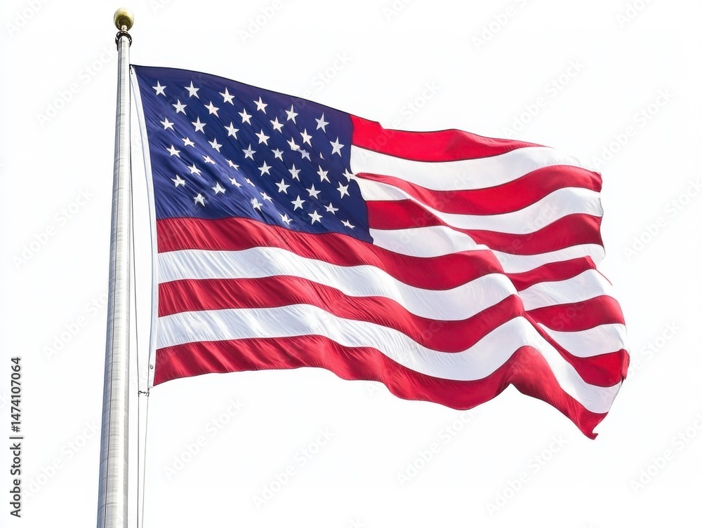 Fototapeta premium American flag waving proudly against a bright white sky patriotic symbol of freedom and independence day celebration