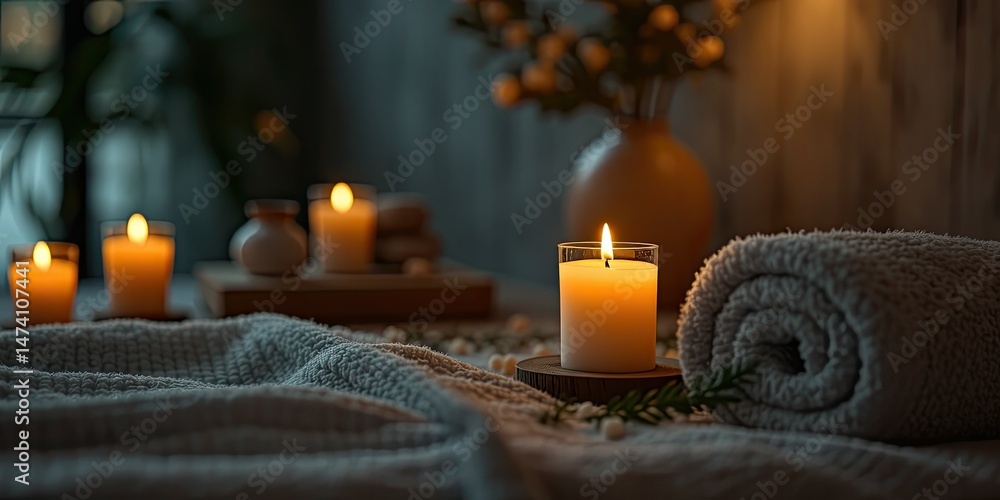 Serene Spa Evening: Candlelight, Towel, & Nature's Calm Serene Spa Evening: Candlelight, Towel, & Nature's Calm