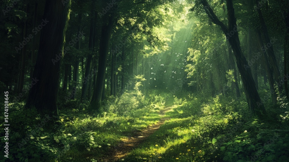 Obraz premium Verdant forest path bathed in morning sunlight.