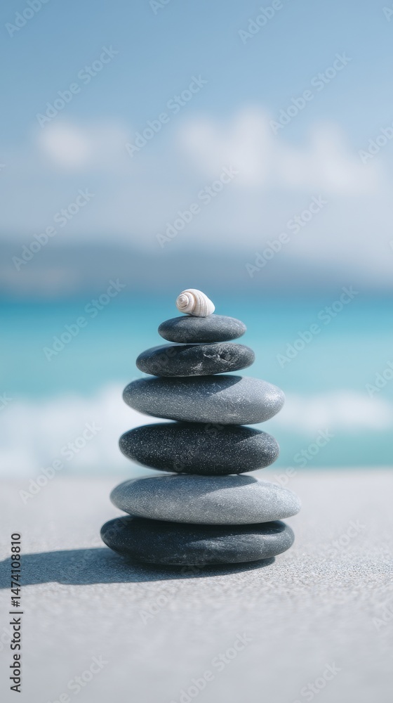 Fototapeta premium A pyramid of pebbles is situated on the beach in Batumi, Adjara, Georgia, with a selective focus and abstract bokeh effect set against the sea in the background, symbolizing zen stones and evoking