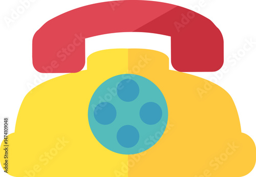 A vibrant, flat-design illustration of a classic yellow landline telephone with a red receiver and blue dial.