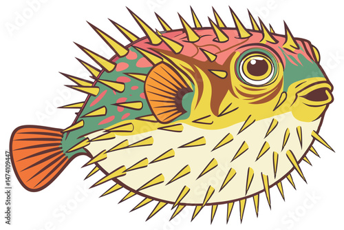 134 puffer fish, colorful, spikes, vibrant, detailed, realistic, high definition, photorealistic, digital art
