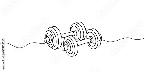 Single continuous line drawing of dumbbells. Sport equipment in one linear style. Design element for poster, banner, flyer. Sport, workout, wellness. Editable stroke. dumbbells one line art.