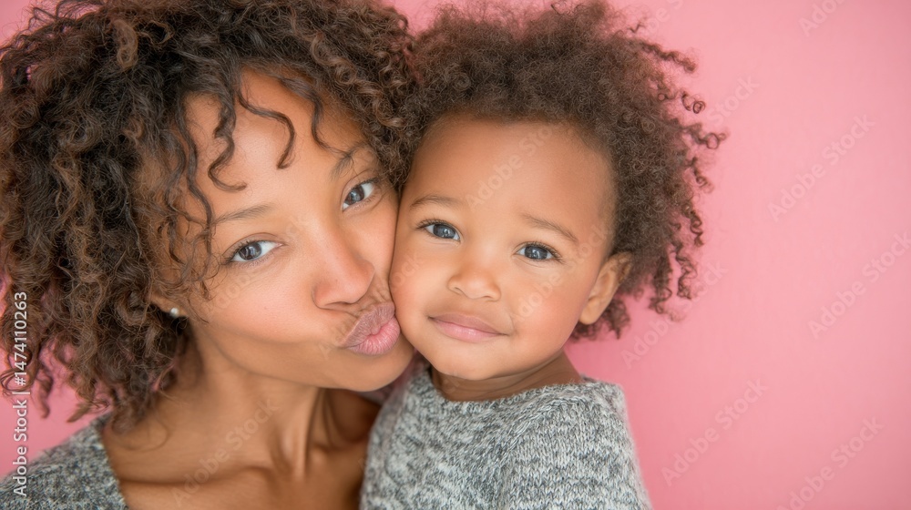 A solitary Afro-American mother and her small daughter are positioned on a pastel-hued background, epitomizing the ideas of Mother's Day, family bonds, parenthood, and childhood A solitary Afro-American mother and her small daughter are positioned on a pastel-hued background, epitomizing the ideas of Mother's Day, family bonds, parenthood, and childhood