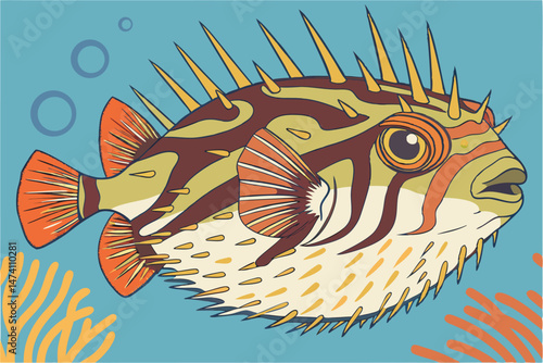 134 puffer fish, colorful, spikes, vibrant, detailed, realistic, high definition, photorealistic, digital art