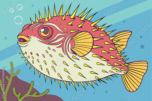 134 puffer fish, colorful, spikes, vibrant, detailed, realistic, high definition, photorealistic, digital art