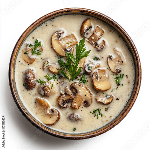 A bowl of mushroom cream soup, top view, white background