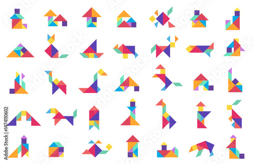 Colorful tangram puzzle shape collection of animals, houses, objects. Educational toy concept, logical brain game. Preschool, learning aid, app icon use. Flat graphic vector illustration.