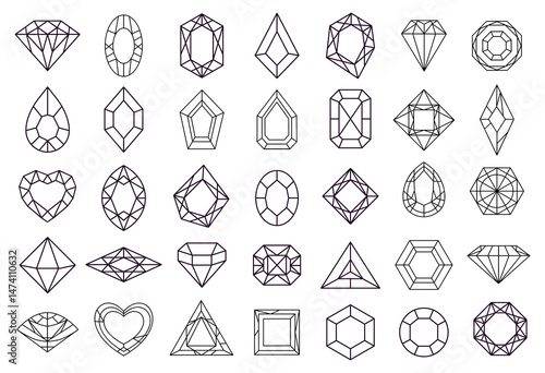Large collection of various geometric diamond icons representing different shapes, cuts, and facets of gemstones, showcasing diverse designs for jewelry or luxury branding