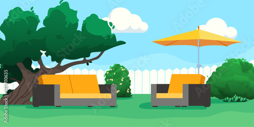 Backyard patio with sofa, yellow umbrella and green trees against blue sky with clouds. Modern garden furniture in seating area. Flat vector illustration