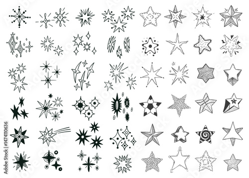 Doodle stars sparkle with different textures and shapes on white background. Hand drawn star forms fancy cosmic elements. Set of vector symbols for decoration or sticker, astrology or tattoo