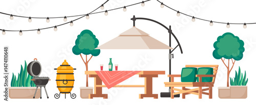Backyard patio furniture with barbecue grill, outdoor table and chairs, drinks, trees in pots and string lights . Summer leisure picnic scene. Flat cartoon style vector illustration
