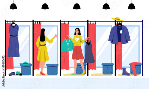 Female customers trying on new outfits in fashion store dressing room selecting garments and contemplating their purchases while. Retail store customer experience. Flat cartoon vector illustration