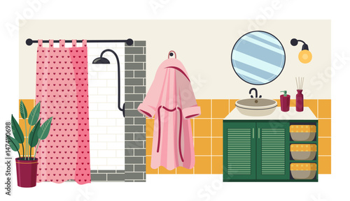 Bathroom interior with robe, vanity and mirror, shower curtain. Clean organized domestic scene for lifestyle. Flat cartoon vector illustration