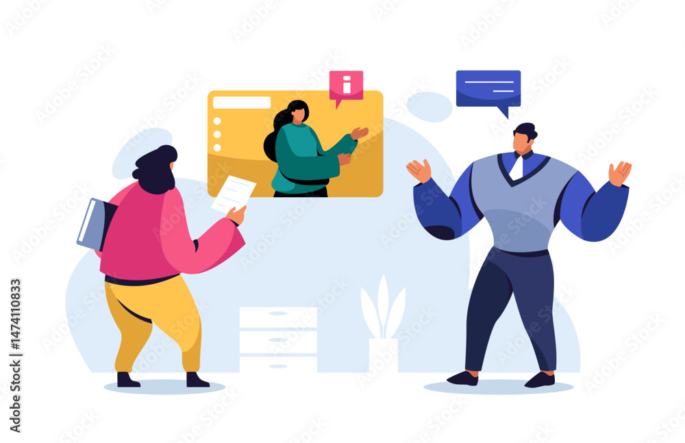 Business team collaborating on project using video conference, discussing strategy and sharing documents. Working together remotely in modern office environment. Vector illustration flat style Business team collaborating on project using video conference, discussing strategy and sharing documents. Working together remotely in modern office environment. Vector illustration flat style