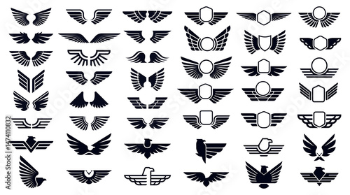 Heraldic wings and eagles emblems in variety of styles symbolizing flight, honor and strength. Shields, birds and abstract forms suitable for logos, aviation and retro insignias. Vector illustration