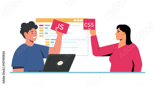 Man and woman learning web development, holding JavaScript and CSS cards with code on screen. Programming education, frontend teamwork digital learning. Flat cartoon vector illustration