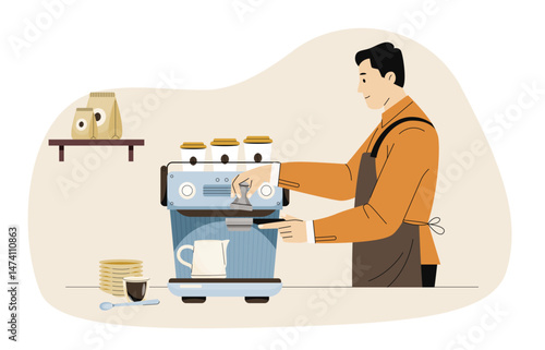 Barista brewing coffee using espresso machine with milk jug, cups and coffee bags on shelf. Coffee preparation. Beverage lifestyle. Flat cartoon style vector illustration