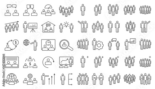 Line icons showing business teamwork, communication and leadership, HRb and collaboration concepts. Visual metaphors for corporate concepts for digital platforms, apps, web UI. Vector illustration