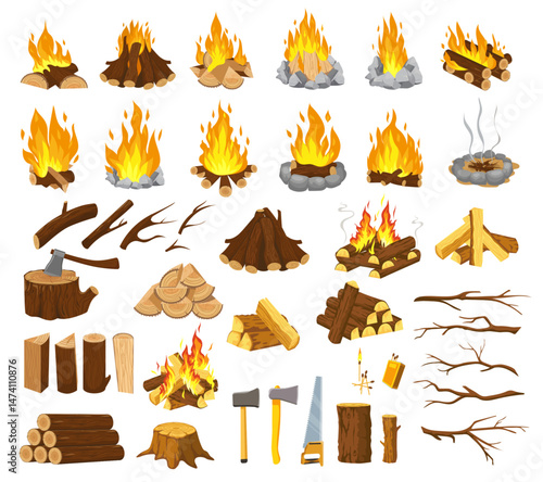 Collection of campfires, logs, branches, lumberjack tools axe, saw, matches and different piles of logs. For camping, fire safety and forest adventures. Flat cartoon style. Vector illustration