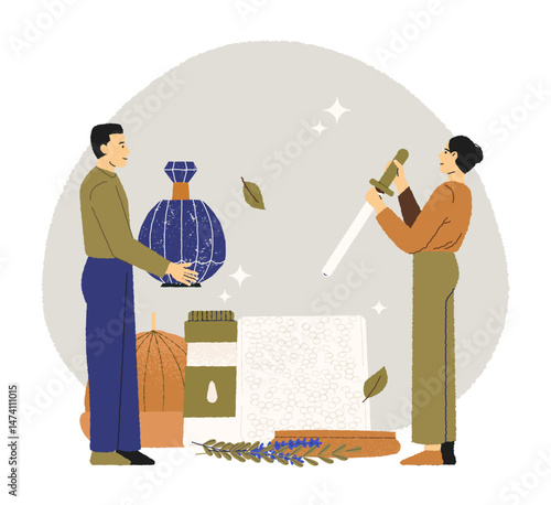 Two artisan with sword and large bottle near herbal products preparing homemade aromatherapy candles and diffusers using natural ingredients. Aromatherapy and wellness. Vector illustration