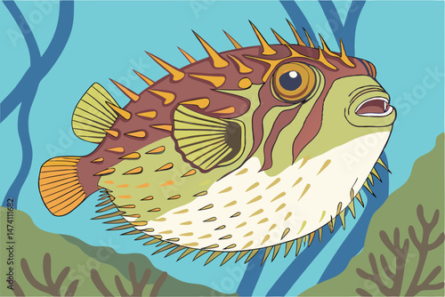 134 puffer fish, colorful, spikes, vibrant, detailed, realistic, high definition, photorealistic, digital art