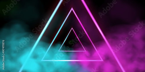 Triangular LED tunnel in perspective with pink and blue smoke. Neon frame. 3D vector