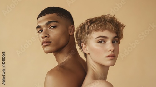 A young man and woman stand back-to-back against a warm beige background.