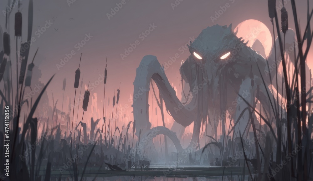 Naklejka premium A bizarre alien being with four radiant eyes inhabits the marshy terrain of a distant, misty planet, where the dim orange glow of a far-off sun illuminates a foggy swamp environment teeming with