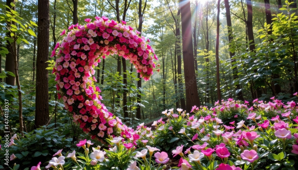 Fototapeta premium Vibrant Floral Arrangement in Heart Shape Surrounded by Colorful Blooms in a Serene Forest