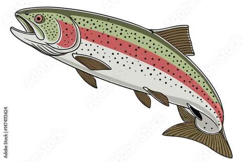 135 high quality photo of a rainbow trout, detailed illustration, realistic, natural colors, swimming, close-up, 8k, photorealistic