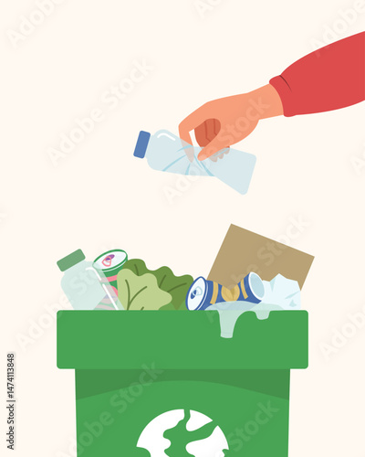 Recycle, Environmental care and clean environment, hand holding plastic water bottles and throw to trash concept.