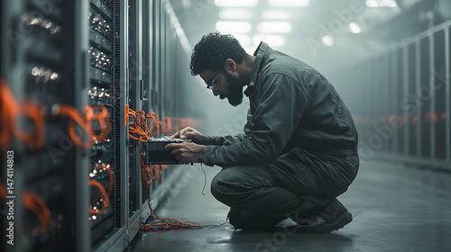 Server Room Technician Repairing Network.