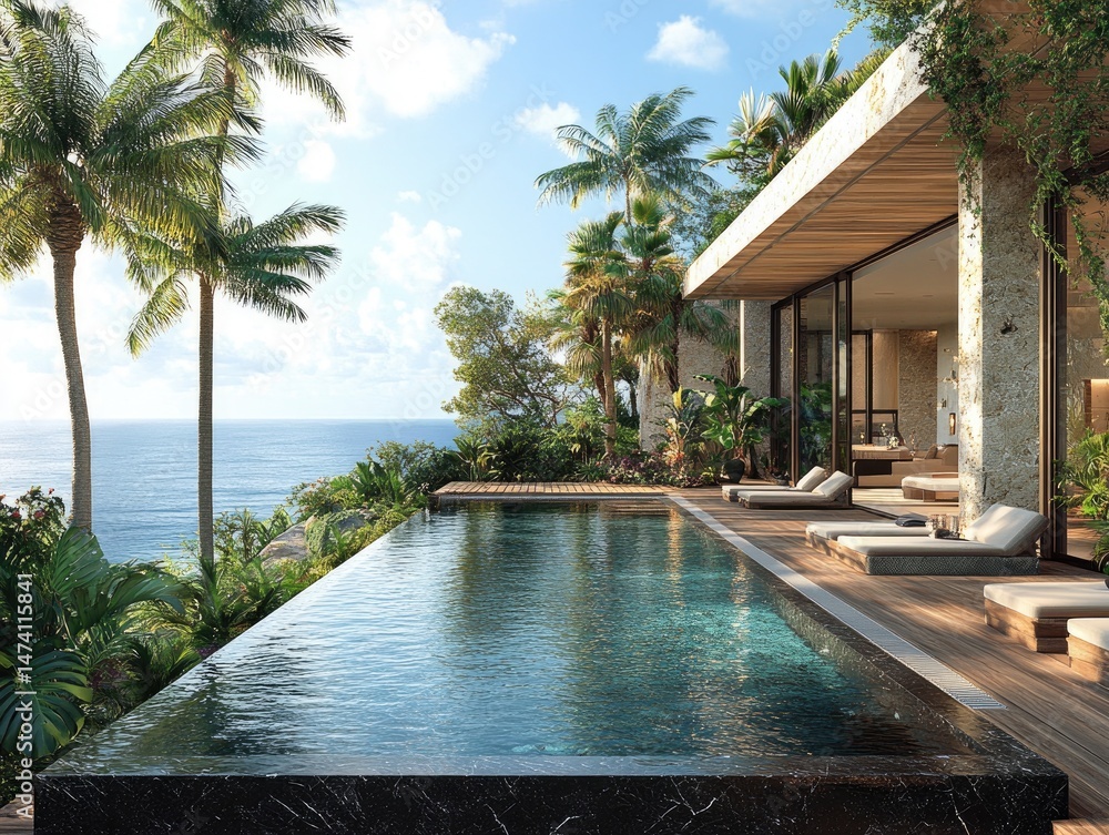 Fototapeta premium Tropical beachfront villa with infinity pool.