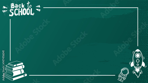 Back to School Chalkboard doodles Illustration. Back to School background with green chalk board and school supplies.
