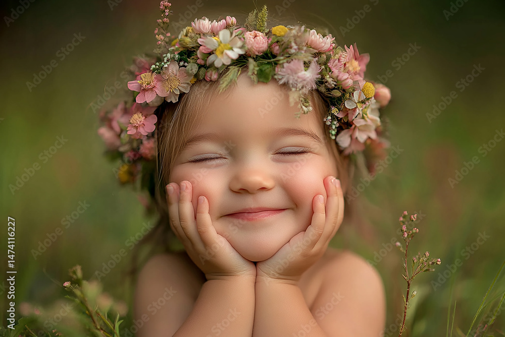 A happy little girl wearing spring and flower wreaths on her head is smiling while holding her face with both hands in the green meadow A happy little girl wearing spring and flower wreaths on her head is smiling while holding her face with both hands in the green meadow