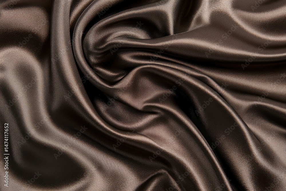 Luxurious dark brown fabric drapes in soft folds. Close-up view of flowing, smooth, and glossy textile Luxurious dark brown fabric drapes in soft folds. Close-up view of flowing, smooth, and glossy textile