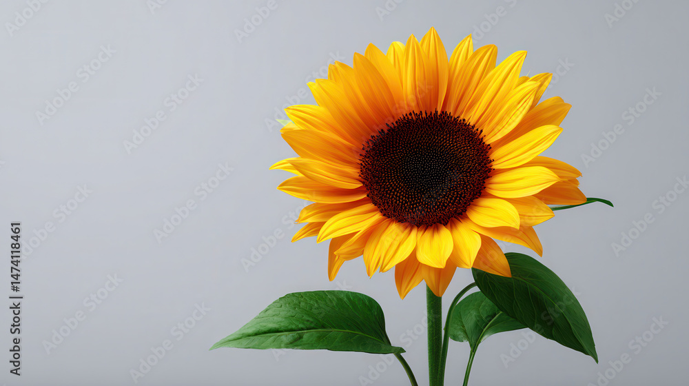 Obraz premium A vibrant, bright yellow sunflower with a dark center and healthy green leaves is beautifully isolated against a soft, neutral gray background in a studio shot.