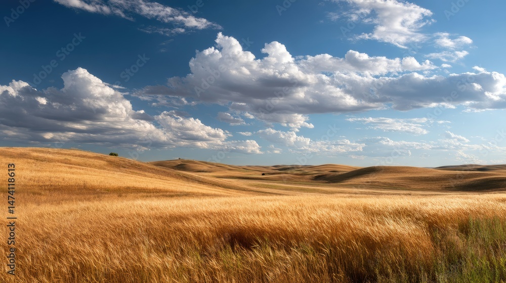 Obraz premium Rolling hills covered in golden wheat, under a bright summer sky with scattered fluffy clouds