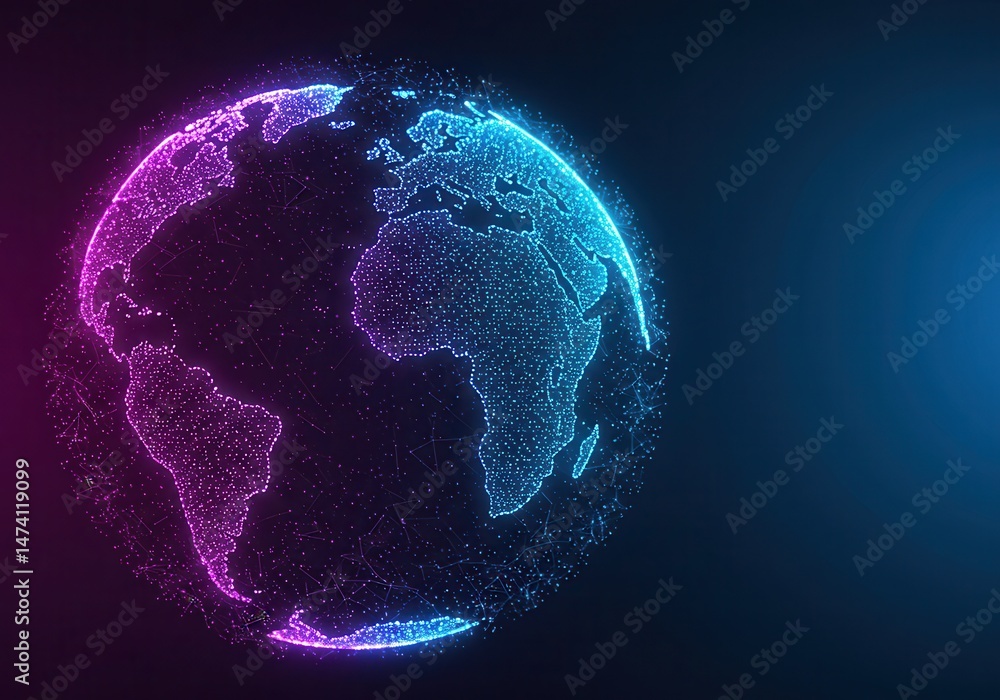 Glowing earth globe with continents made of dots in blue and purple on a dark background Glowing earth globe with continents made of dots in blue and purple on a dark background