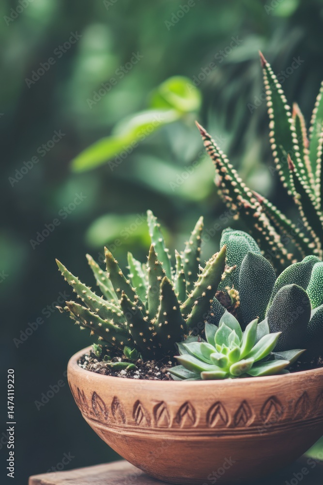 Obraz premium Assorted succulents in terracotta pot, close-up shot, natural light, botanical arrangement, indoor gardening, plant collection