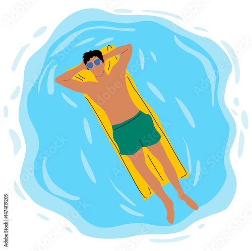 Man floating on inflatable mattress in water top-down view. Summer vacation concept, Colorful flat vector illustration in minimalist style, directly above, isolated on transparent background